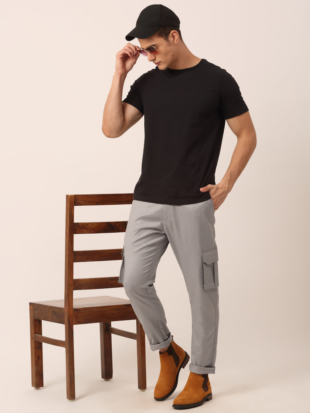 Indian Needle Men's Casual Cotton Solid Cargo Pants ( KGP 154Light-Grey )