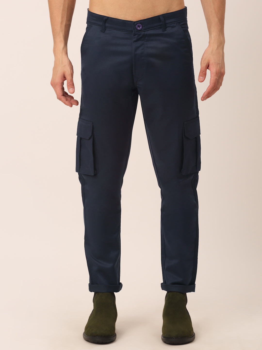 Indian Needle Men's Casual Cotton Solid Cargo Pants ( KGP 154Navy-Blue )