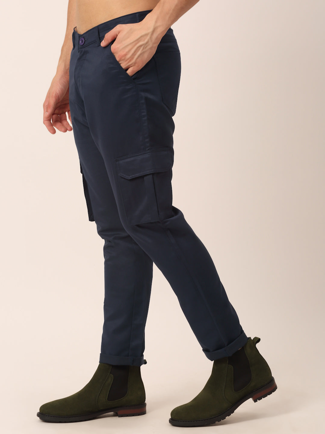 Indian Needle Men's Casual Cotton Solid Cargo Pants ( KGP 154Navy-Blue )