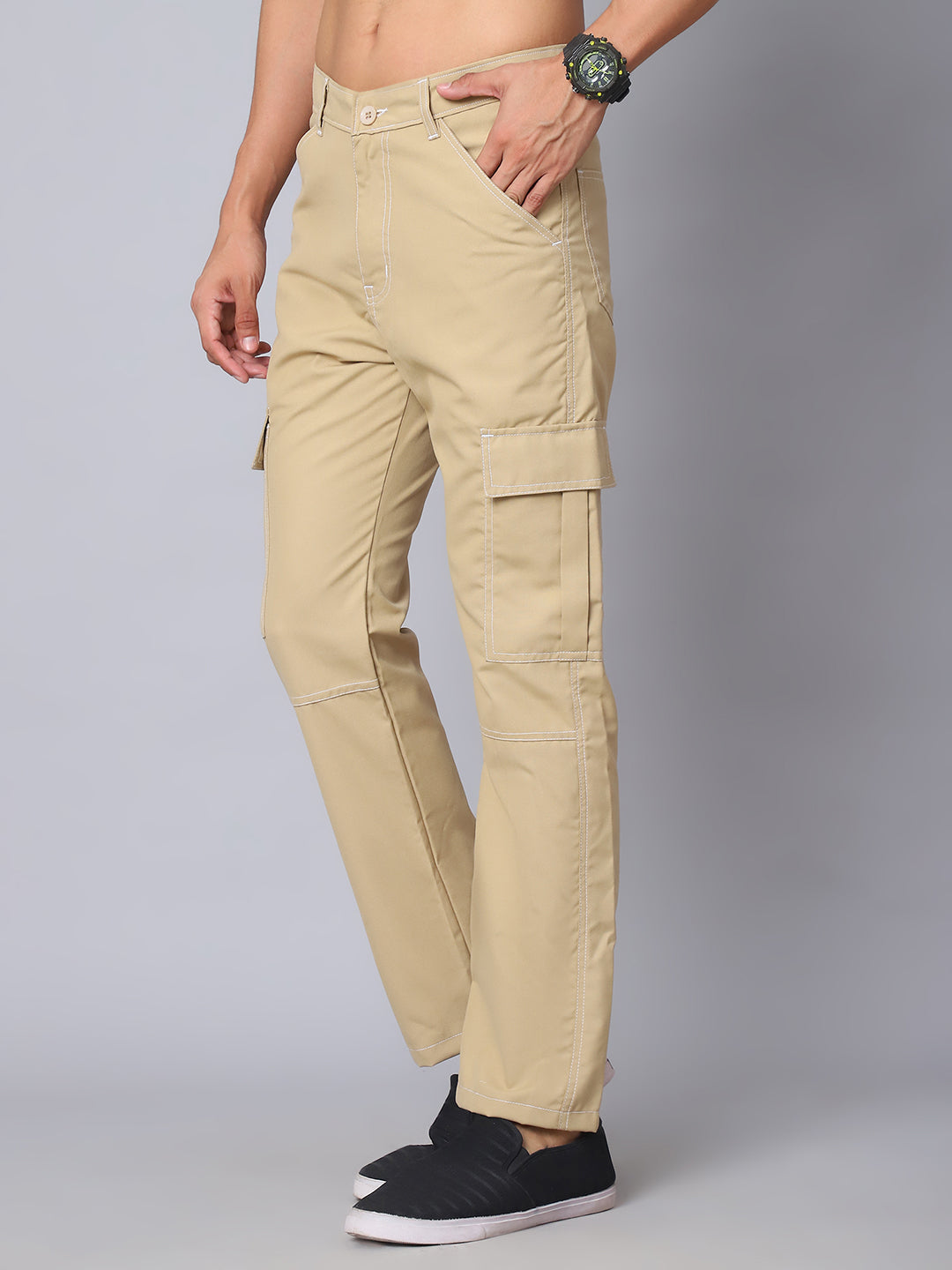 Indian needle Men's Casual Cotton Blend Solid Cargo Pants ( KGP 156Beige )