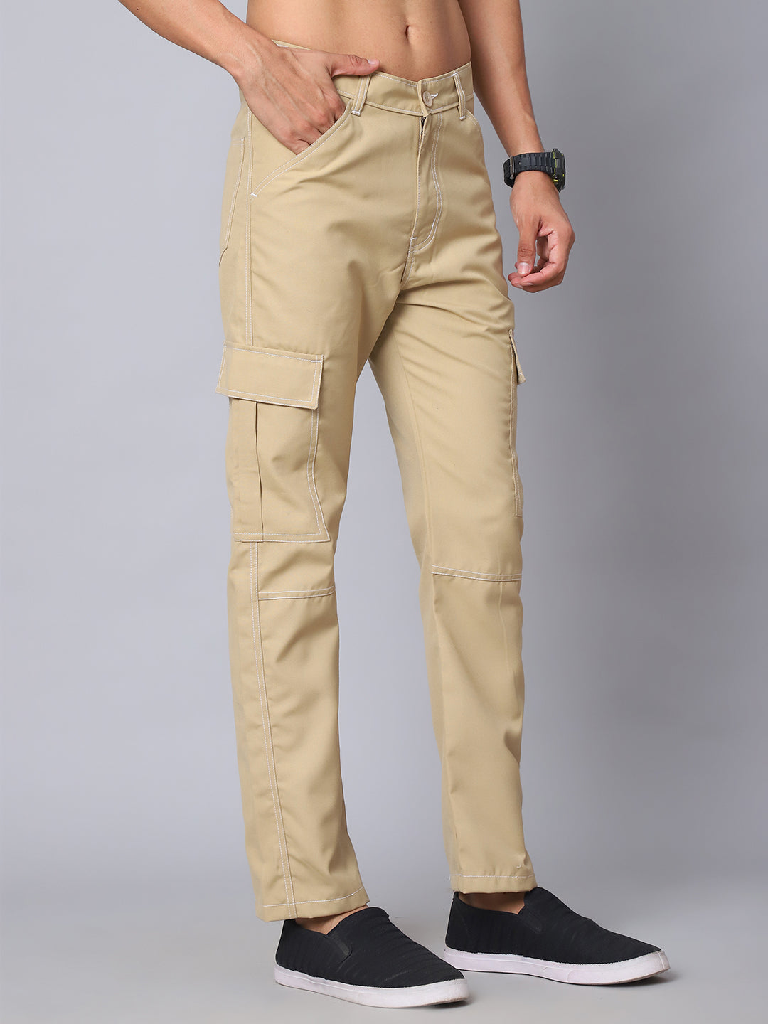Indian needle Men's Casual Cotton Blend Solid Cargo Pants ( KGP 156Beige )