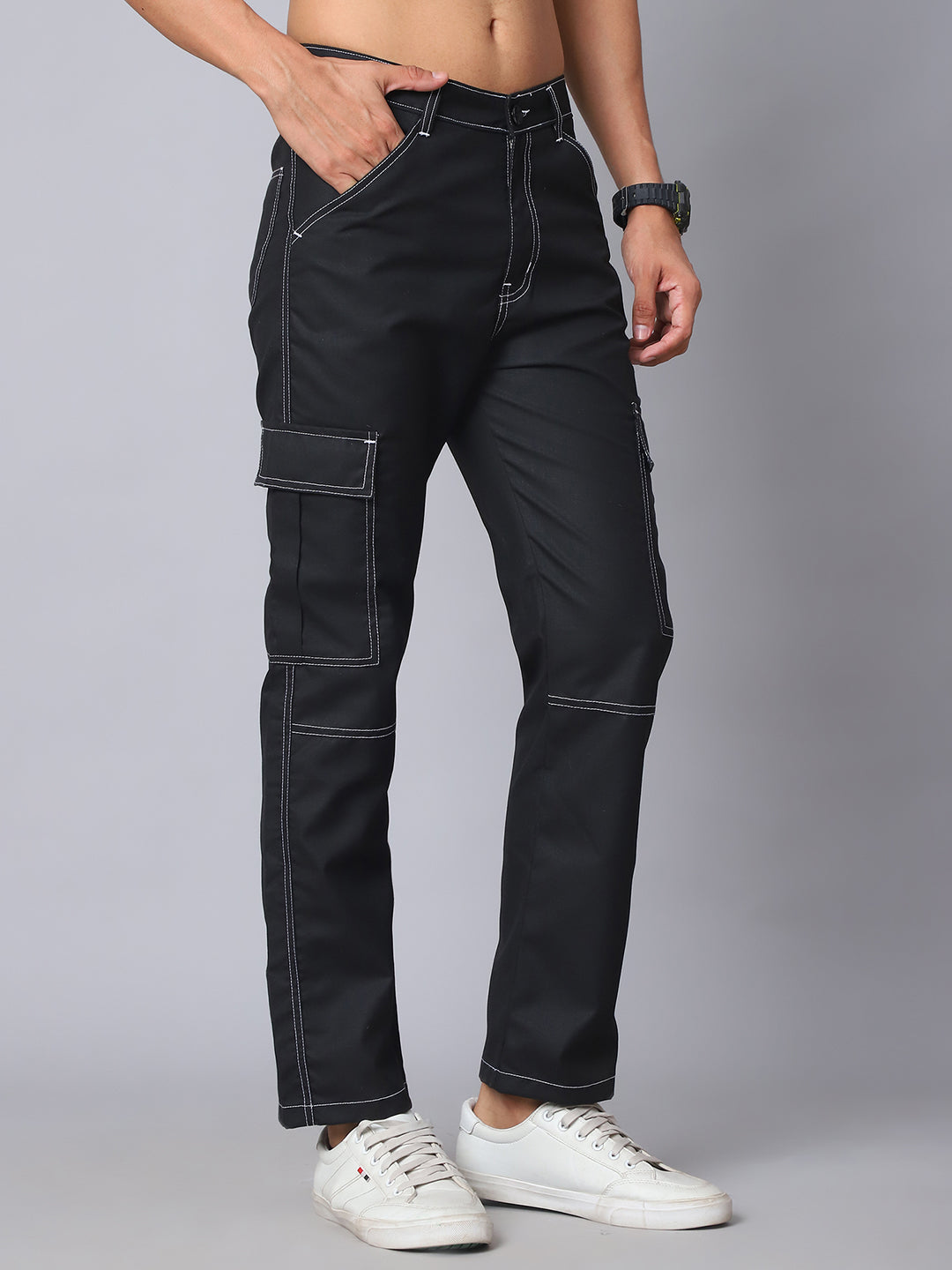 Indian needle Men's Casual Cotton Blend Solid Cargo Pants ( KGP 156Black )