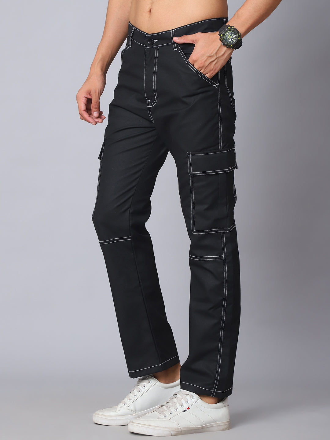Indian needle Men's Casual Cotton Blend Solid Cargo Pants ( KGP 156Black )