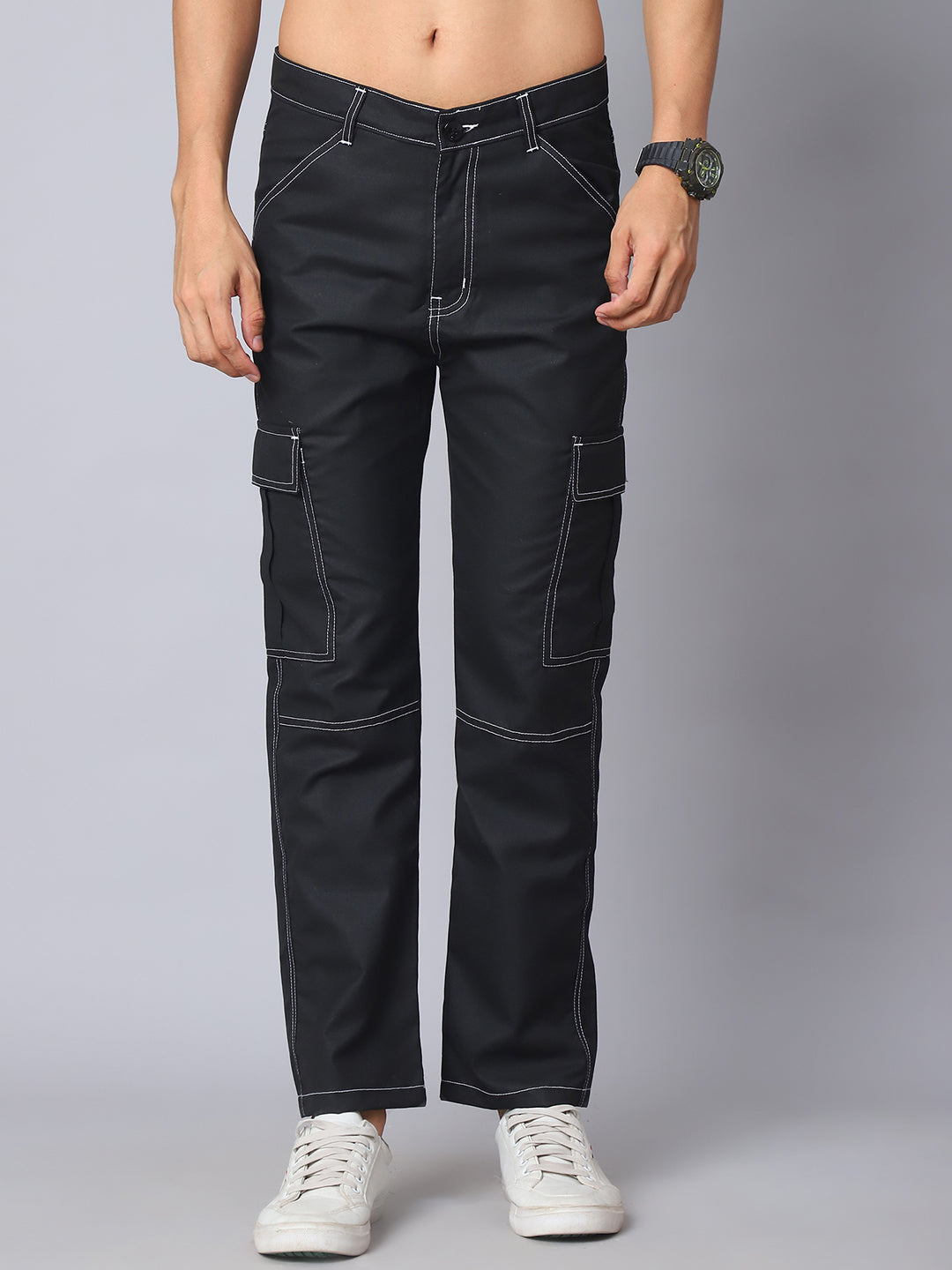 Indian needle Men's Casual Cotton Blend Solid Cargo Pants ( KGP 156Black )