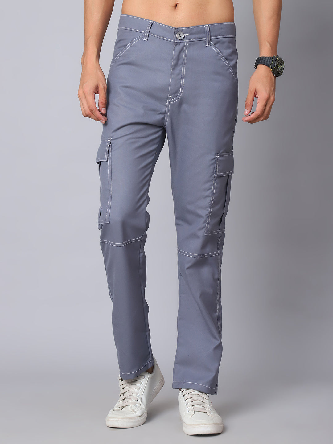 Indian needle Men's Casual Cotton Blend Solid Cargo Pants ( KGP 156Light-Grey )