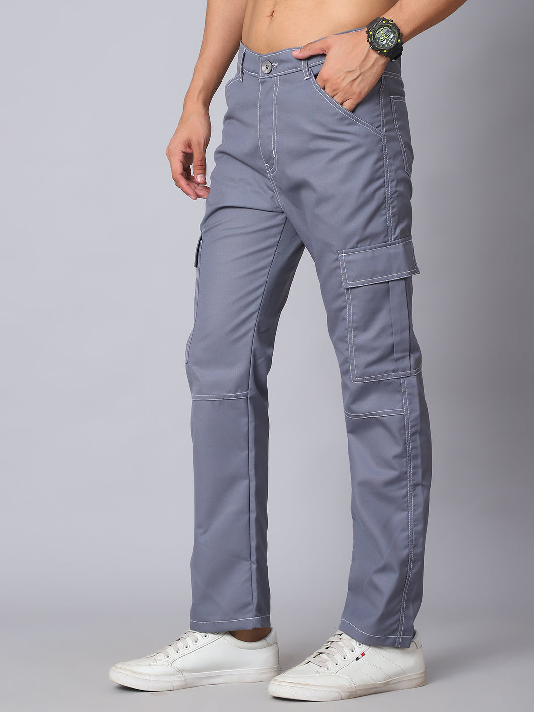 Indian needle Men's Casual Cotton Blend Solid Cargo Pants ( KGP 156Light-Grey )