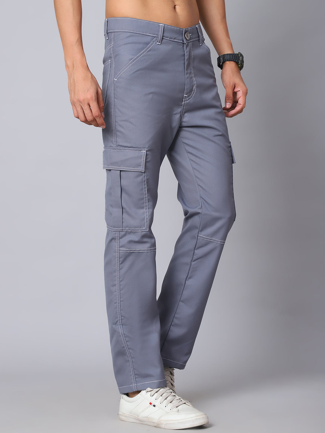 Indian needle Men's Casual Cotton Blend Solid Cargo Pants ( KGP 156Light-Grey )