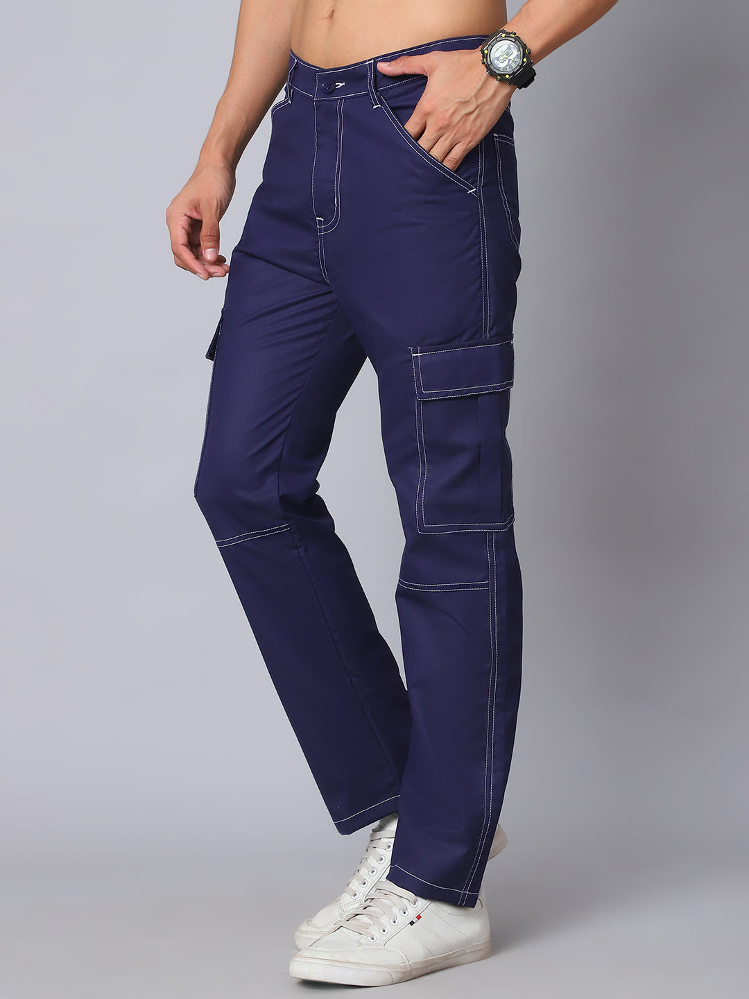 Indian needle Men's Casual Cotton Blend Solid Cargo Pants ( KGP 156Navy )