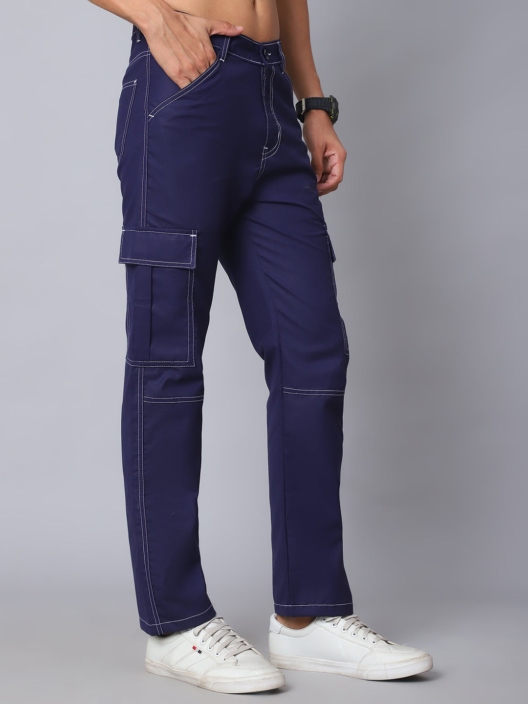 Indian needle Men's Casual Cotton Blend Solid Cargo Pants ( KGP 156Navy )