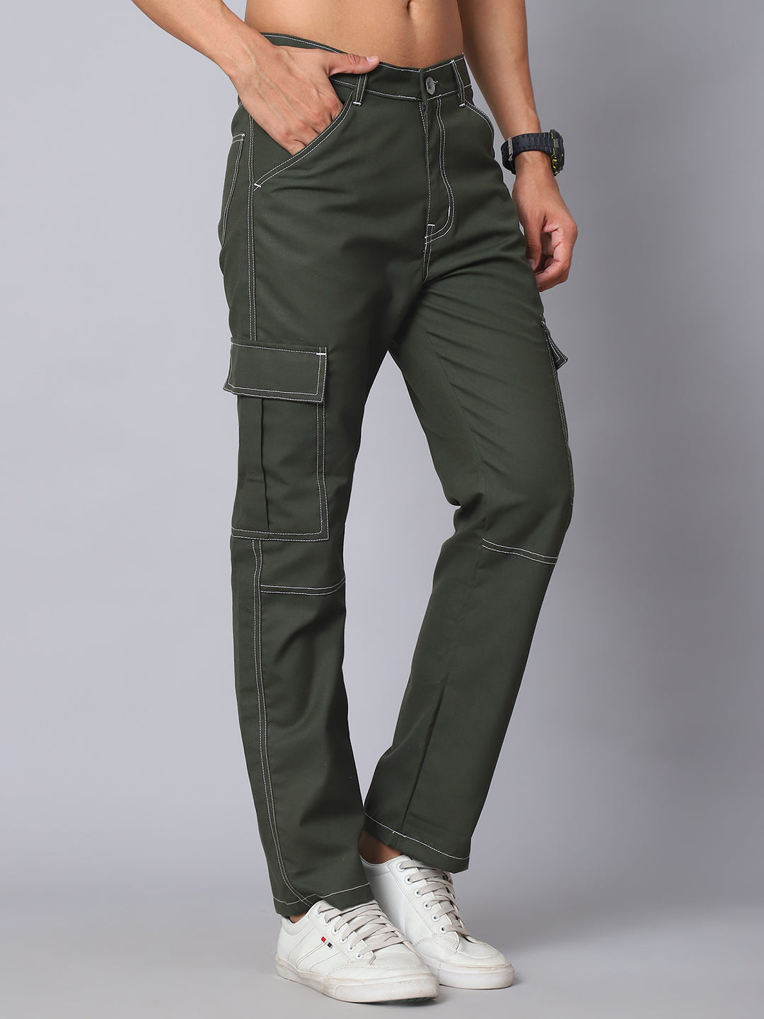 Indian needle Men's Casual Cotton Blend Solid Cargo Pants ( KGP 156Olive )