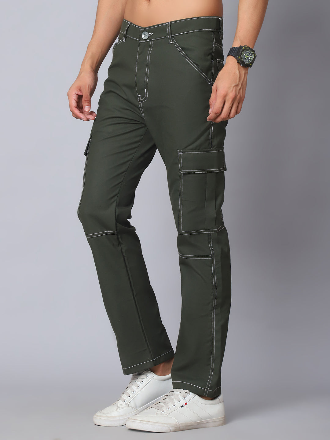 Indian needle Men's Casual Cotton Blend Solid Cargo Pants ( KGP 156Olive )