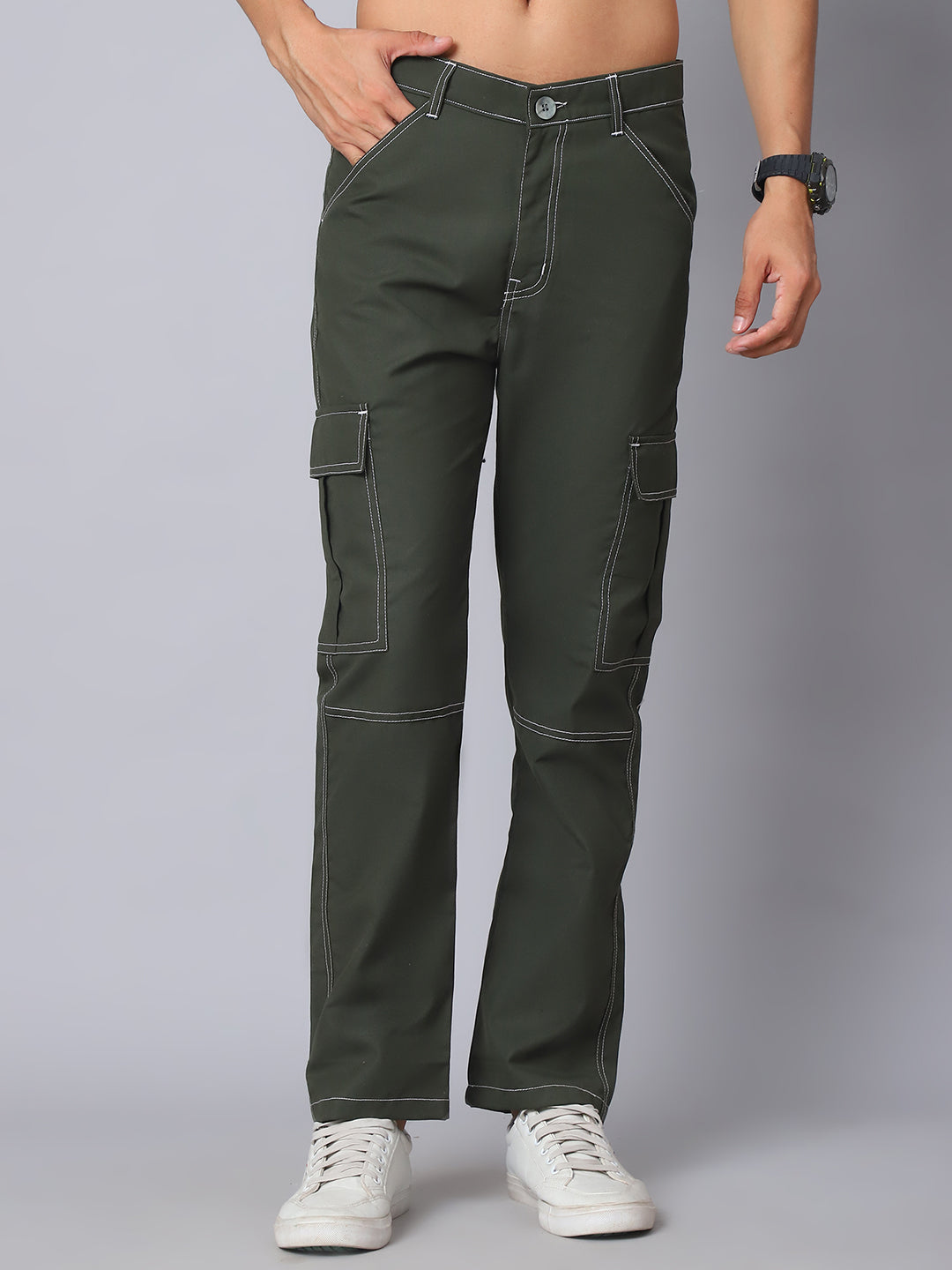 Indian needle Men's Casual Cotton Blend Solid Cargo Pants ( KGP 156Olive )