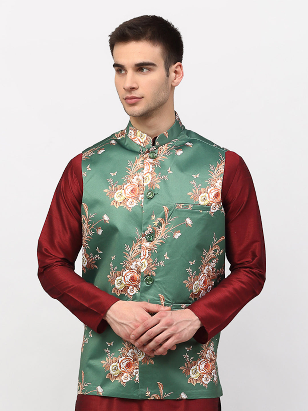 Jompers Men's Green Printed Nehru Jacket ( JOWC 4007Green )
