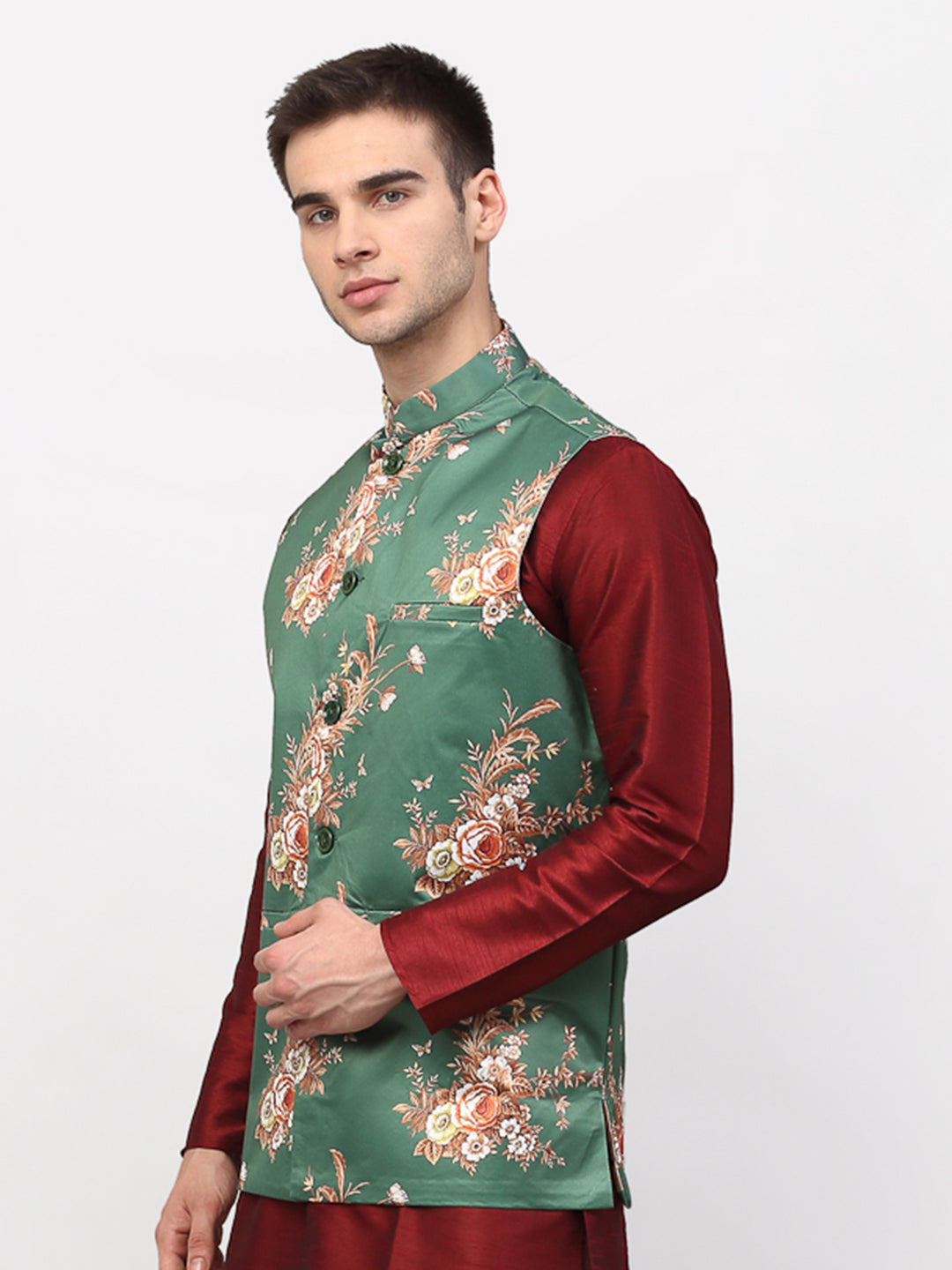 Jompers Men's Green Printed Nehru Jacket ( JOWC 4007Green )
