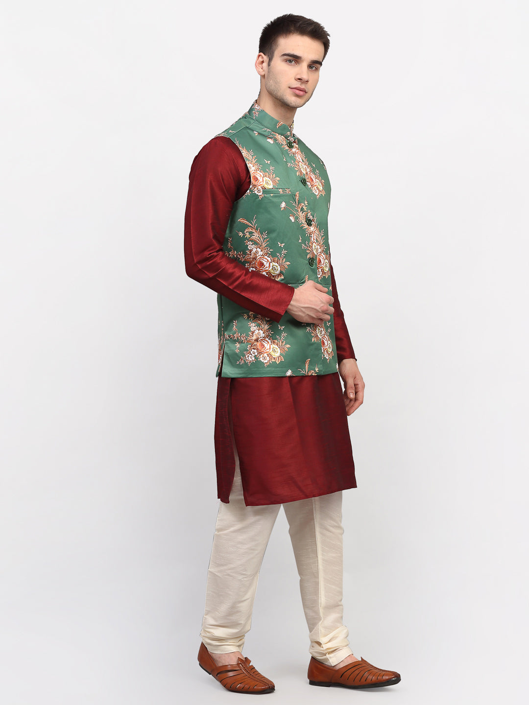 Jompers Men's Green Printed Nehru Jacket ( JOWC 4007Green )