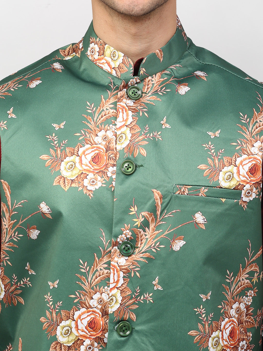 Jompers Men's Green Printed Nehru Jacket ( JOWC 4007Green )