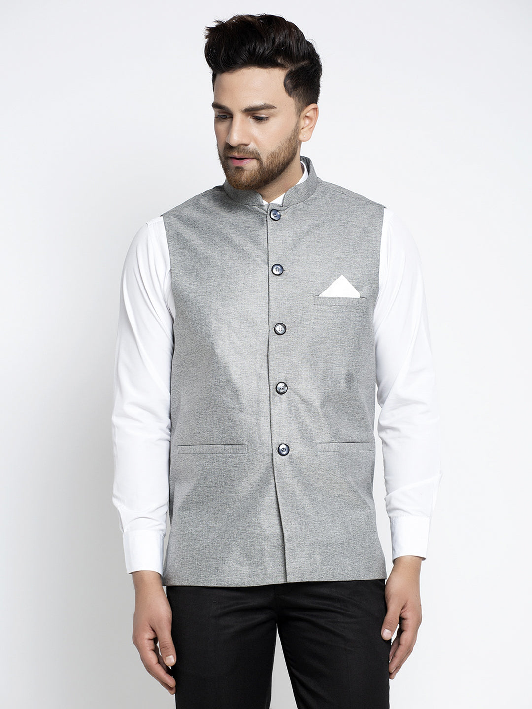 Jompers Men's Grey Solid Nehru Jacket ( JOWC 4021Grey )