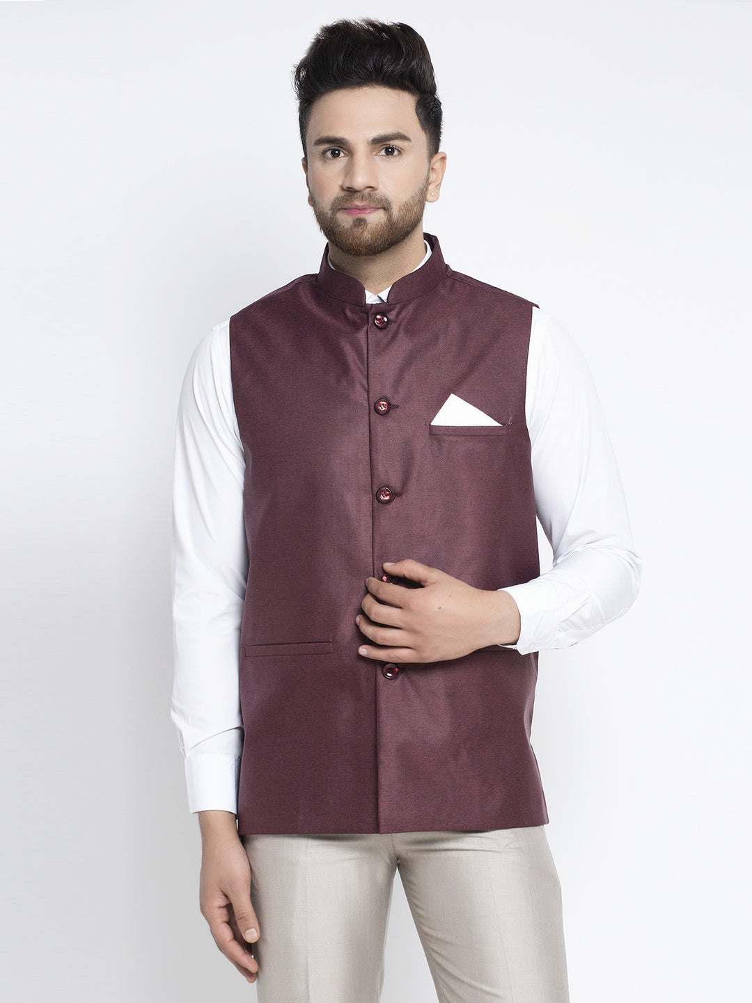 Jompers Men's Maroon Solid Nehru Jacket ( JOWC 4021Maroon )