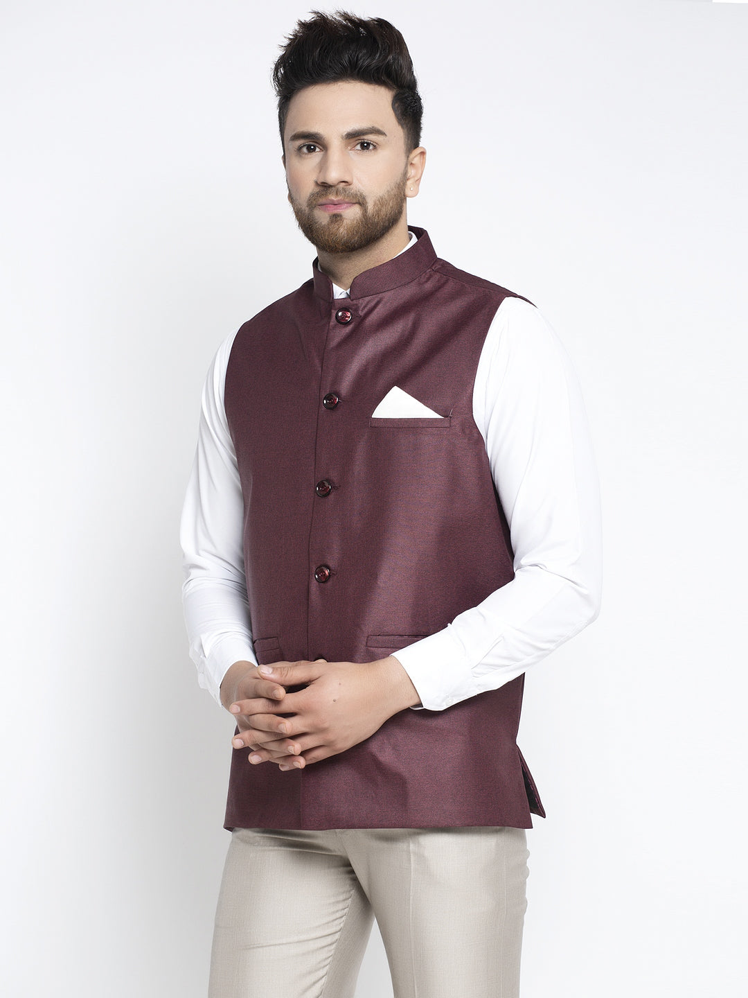 Jompers Men's Maroon Solid Nehru Jacket ( JOWC 4021Maroon )