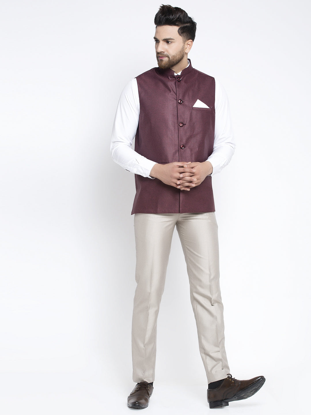 Jompers Men's Maroon Solid Nehru Jacket ( JOWC 4021Maroon )