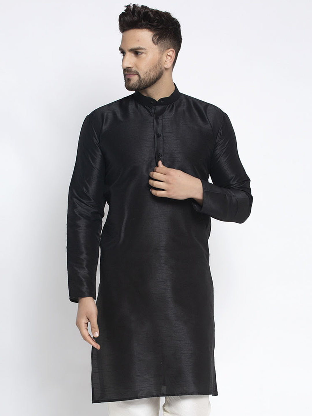 Jompers Men's Black Solid Dupion Silk Kurta Only ( KO 636Black )
