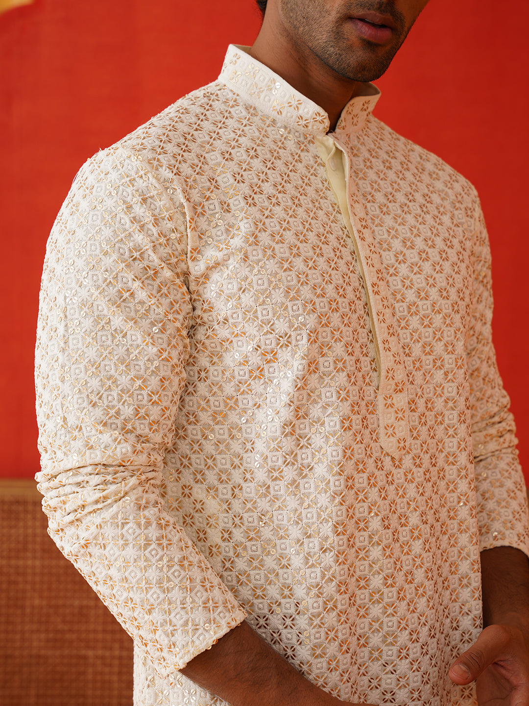 Sequins & Embroidered Kurtas For Men ( KKO 5128Cream )