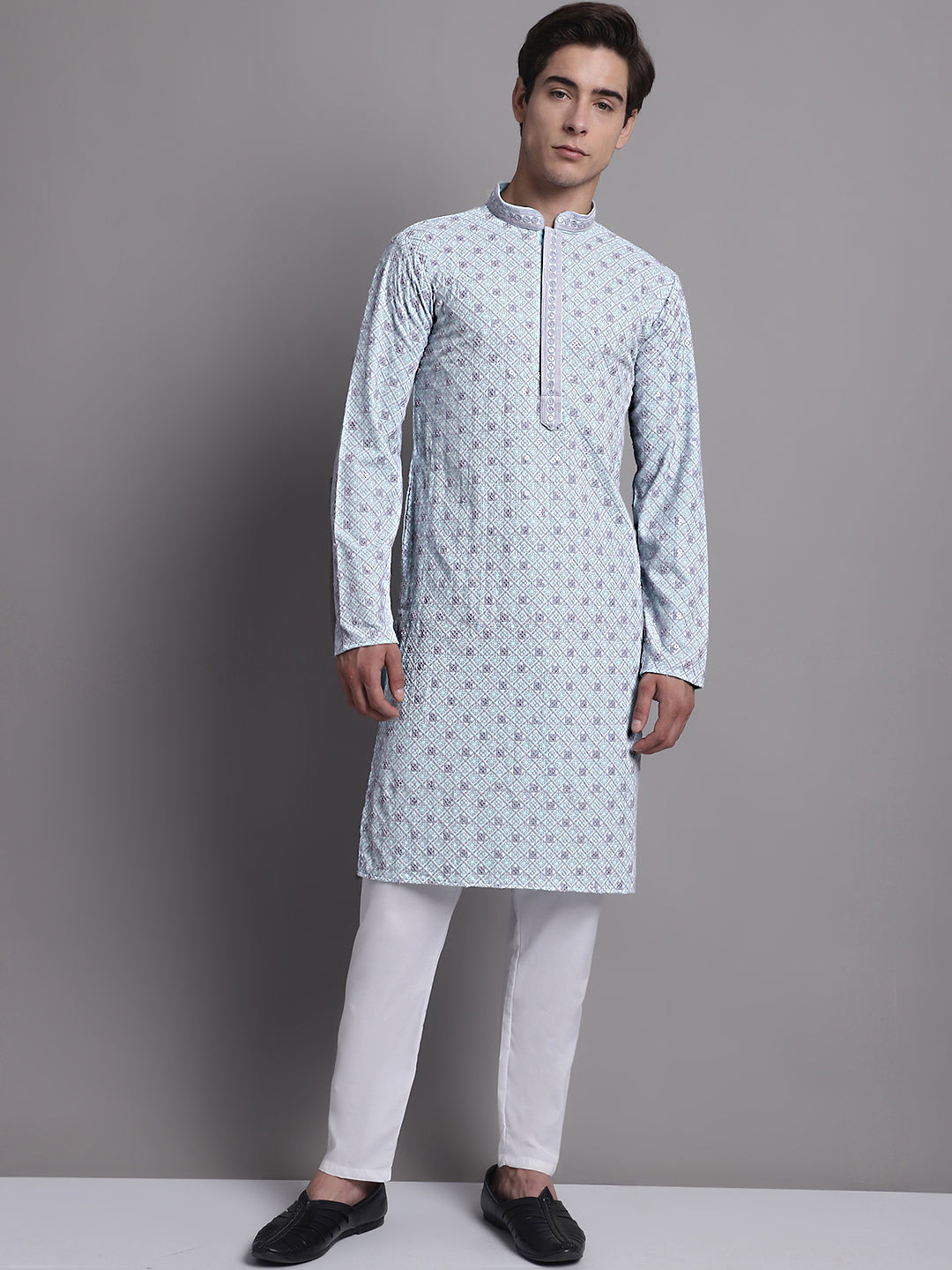 Men's Blue Chikankari Embroidered and Sequence Kurta