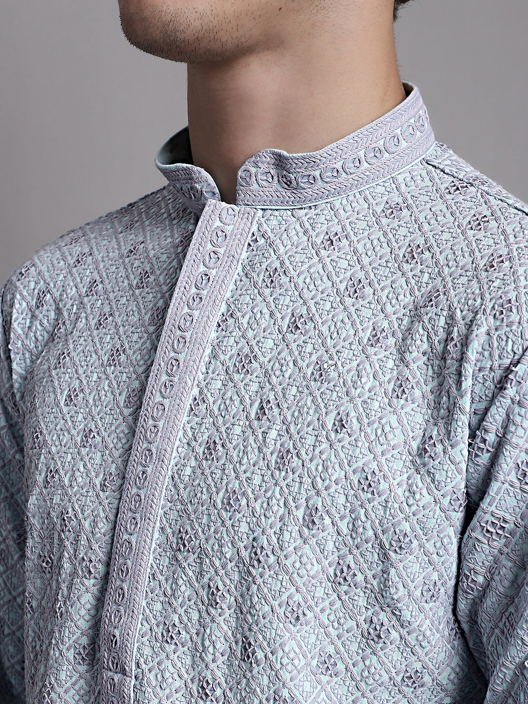 Men's Blue Chikankari Embroidered and Sequence Kurta
