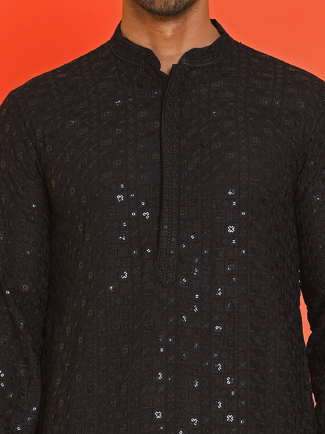 Sequin Embroidered Pure Cotton Kurtas ( KO 5006 Black )