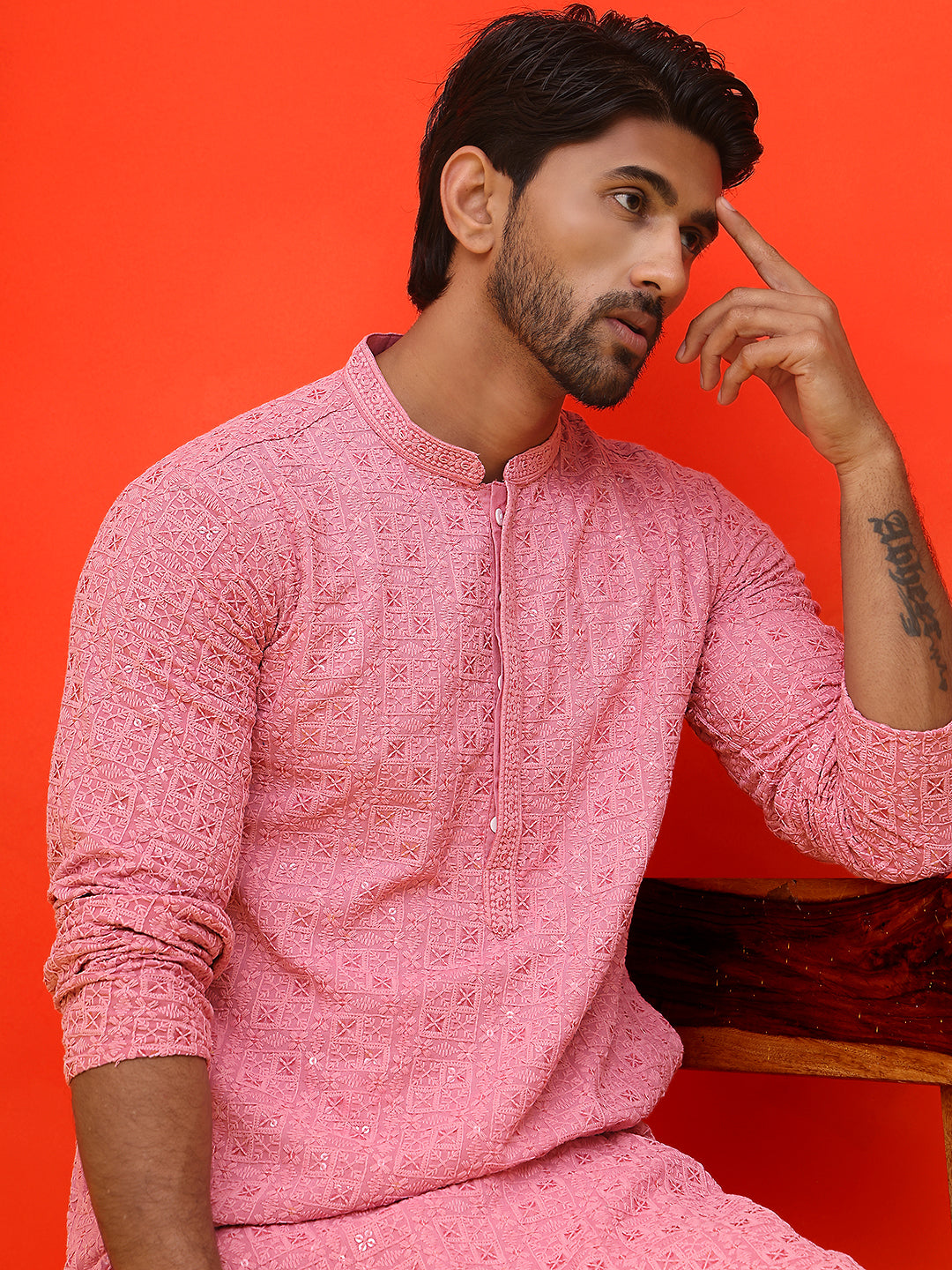 Sequin Embroidered Pure Cotton Kurtas ( KO 5006 Coral )