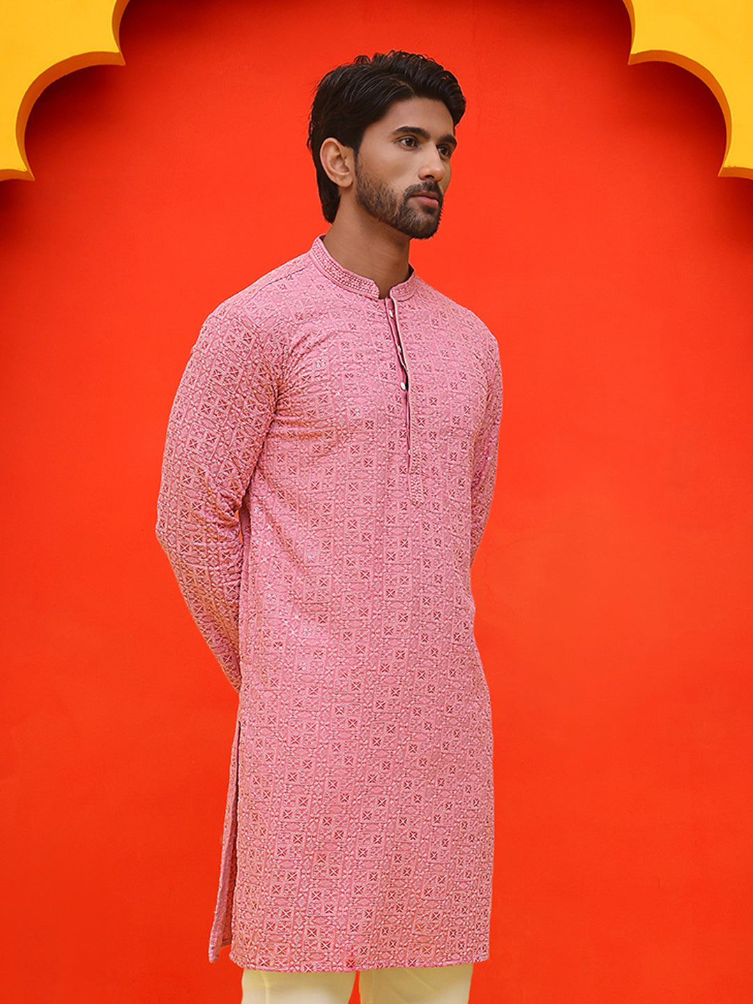 Sequin Embroidered Pure Cotton Kurtas ( KO 5006 Coral )