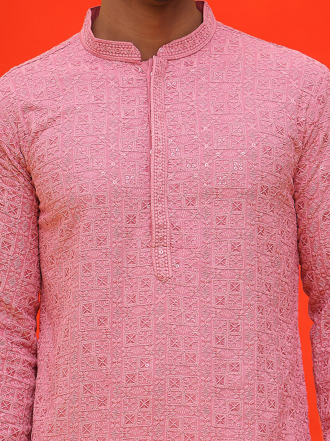 Sequin Embroidered Pure Cotton Kurtas ( KO 5006 Coral )