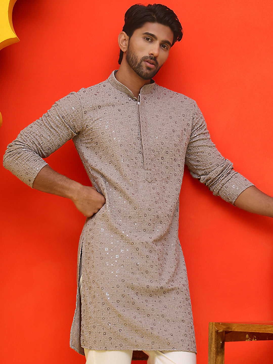 Sequin Embroidered Pure Cotton Kurtas ( KO 5006 Grey )