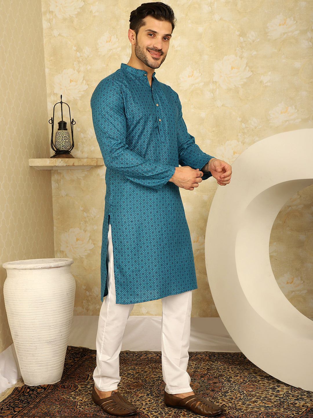 Men's Printed Cotton Kurtas ( KO 5012 Blue )
