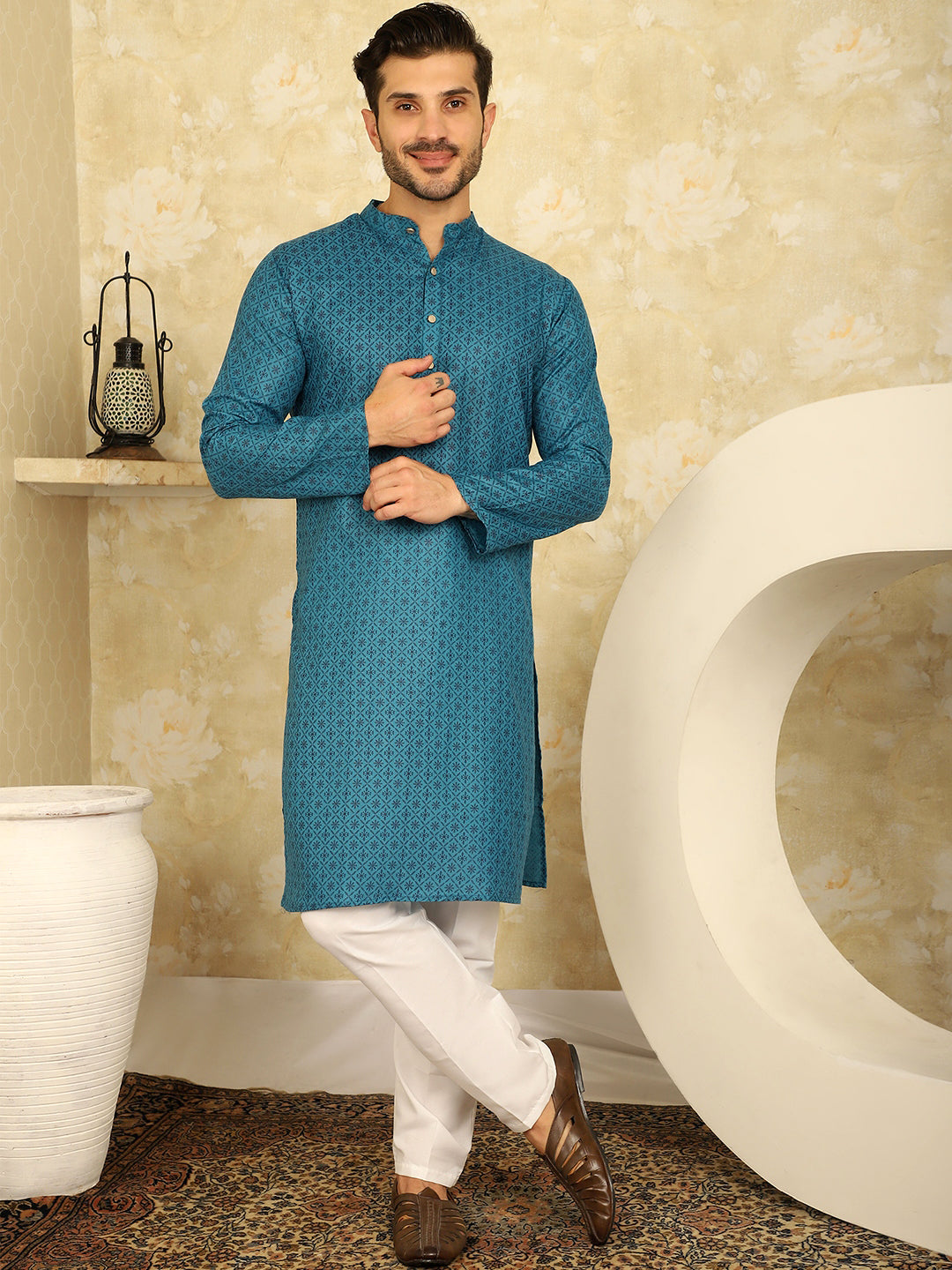 Men's Printed Cotton Kurtas ( KO 5012 Blue )