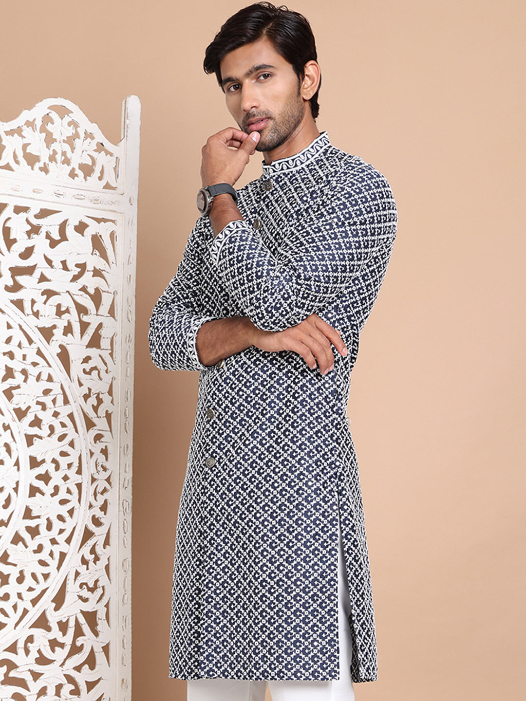 Sequin Chikankari Front Open Kurtas ( KO 5029Navy )