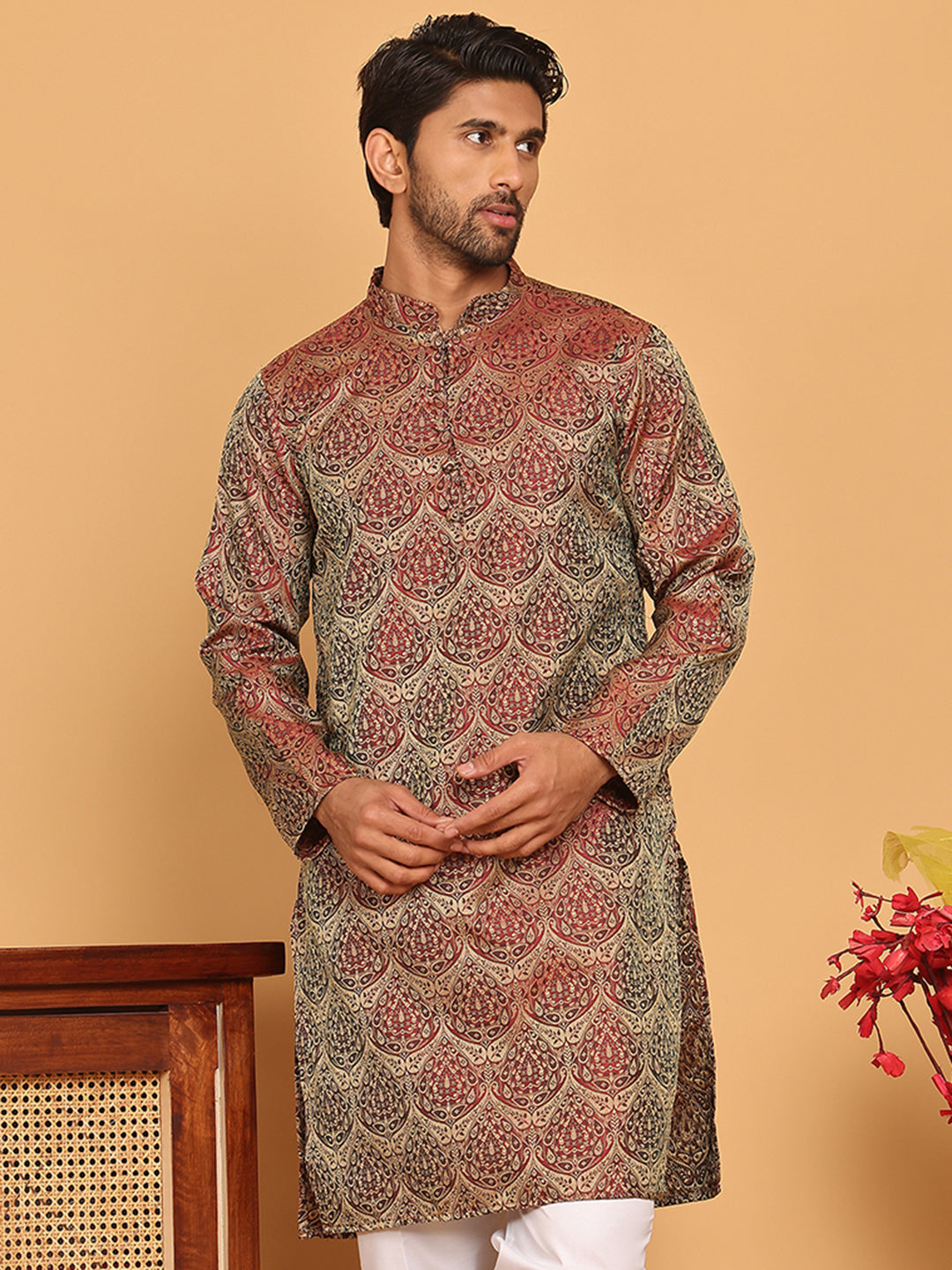 Men's Silk Blend Straight Kurtas ( KO 5043 Maroon )