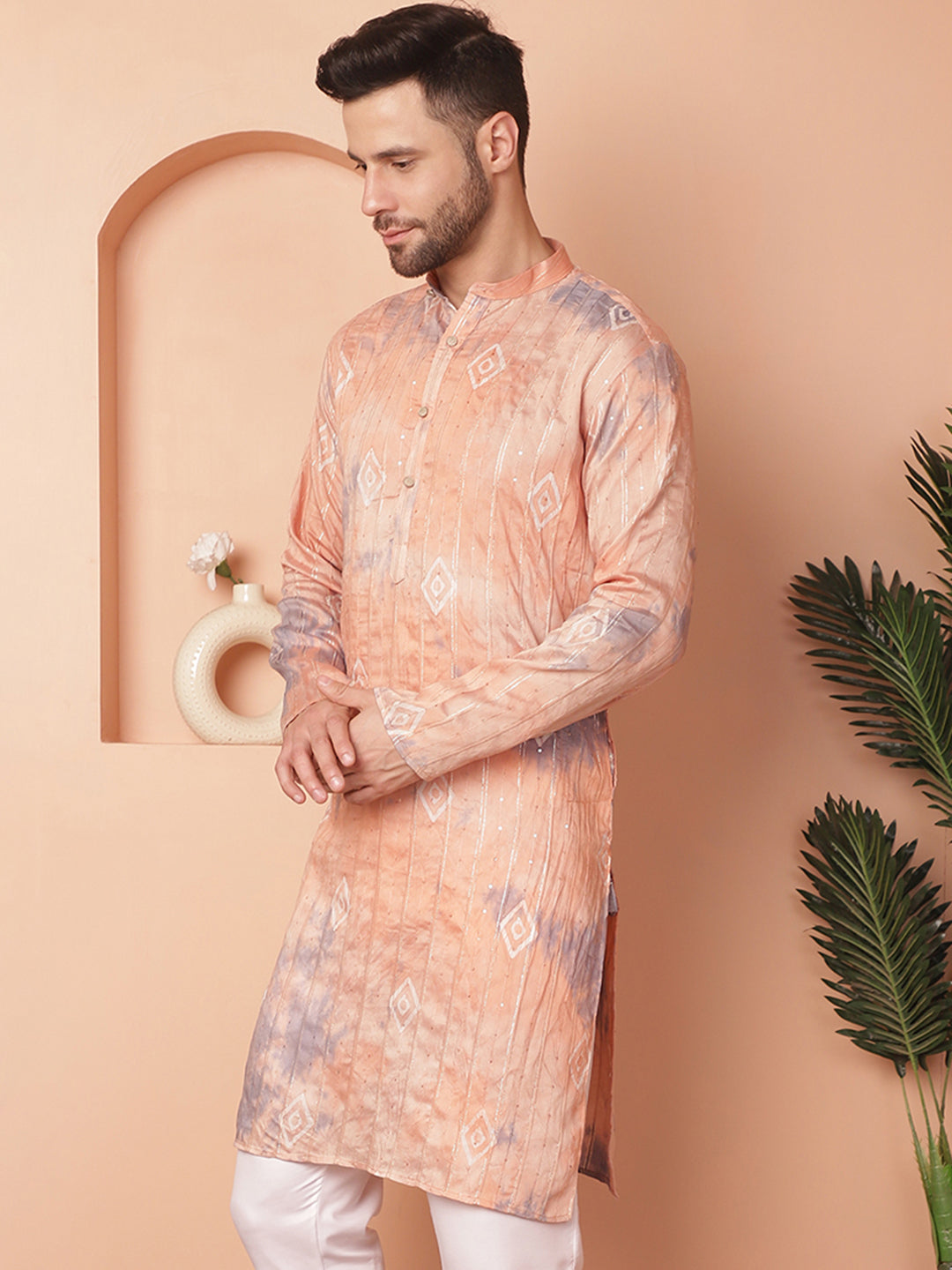 Men's Peach Tei-Dye Printed Kurtas