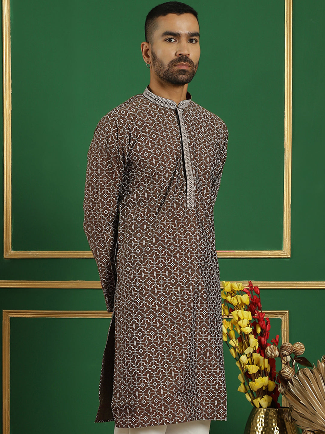 Men Brown Printed Kurtas ( KO 5060 Brown )
