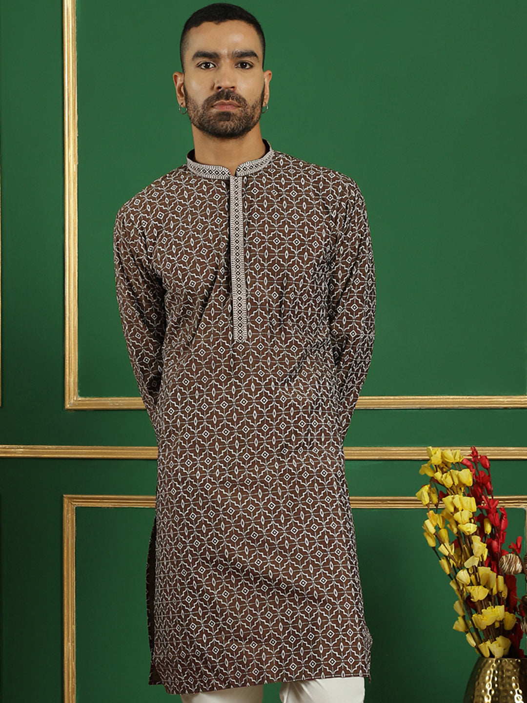 Men Brown Printed Kurtas ( KO 5060 Brown )