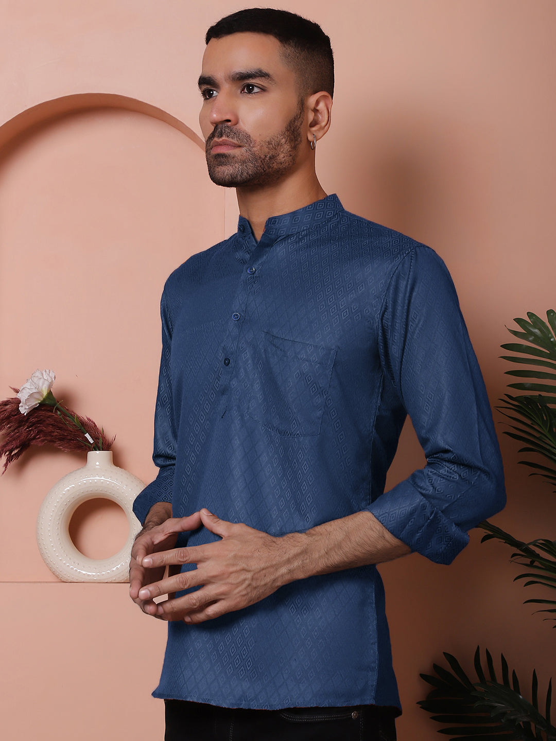 Woven Design Short Kurta for Men ( KO 5064 Navy )
