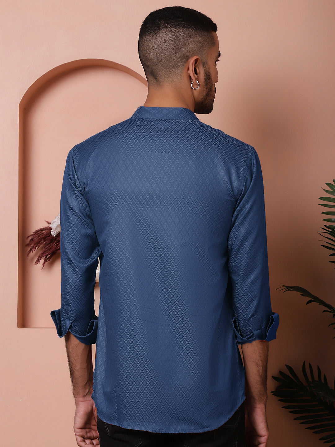 Woven Design Short Kurta for Men ( KO 5064 Navy )
