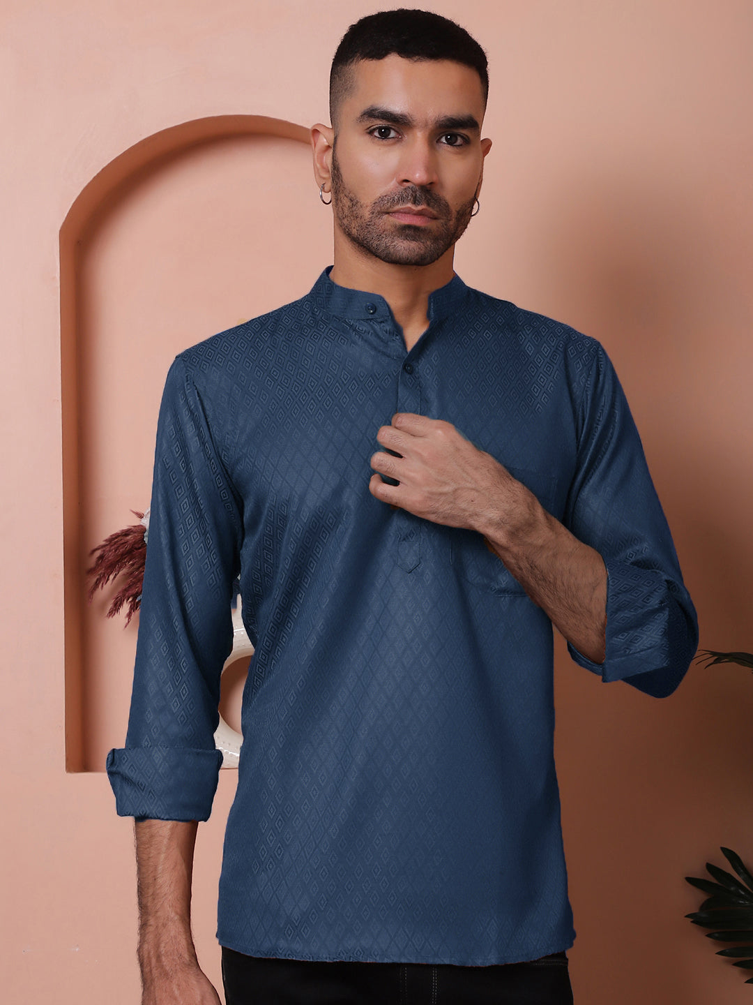 Woven Design Short Kurta for Men ( KO 5064 Navy )