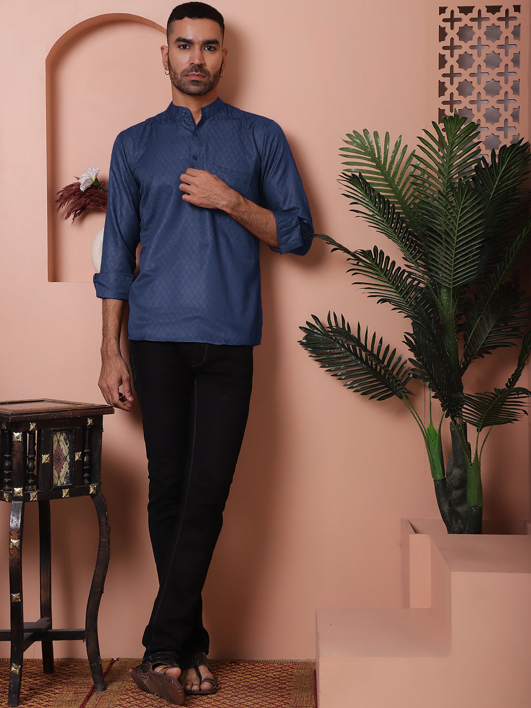Woven Design Short Kurta for Men ( KO 5064 Navy )