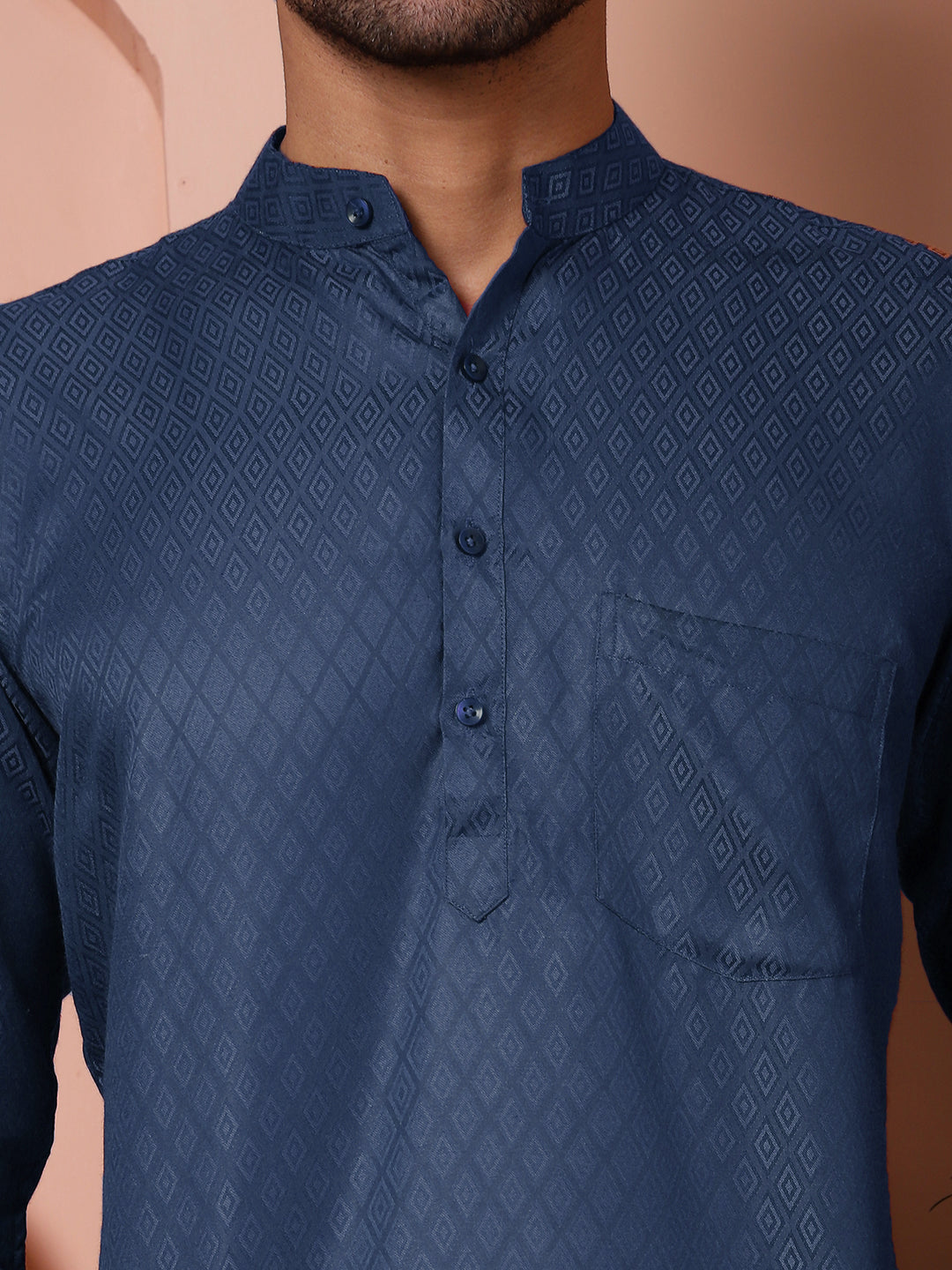 Woven Design Short Kurta for Men ( KO 5064 Navy )
