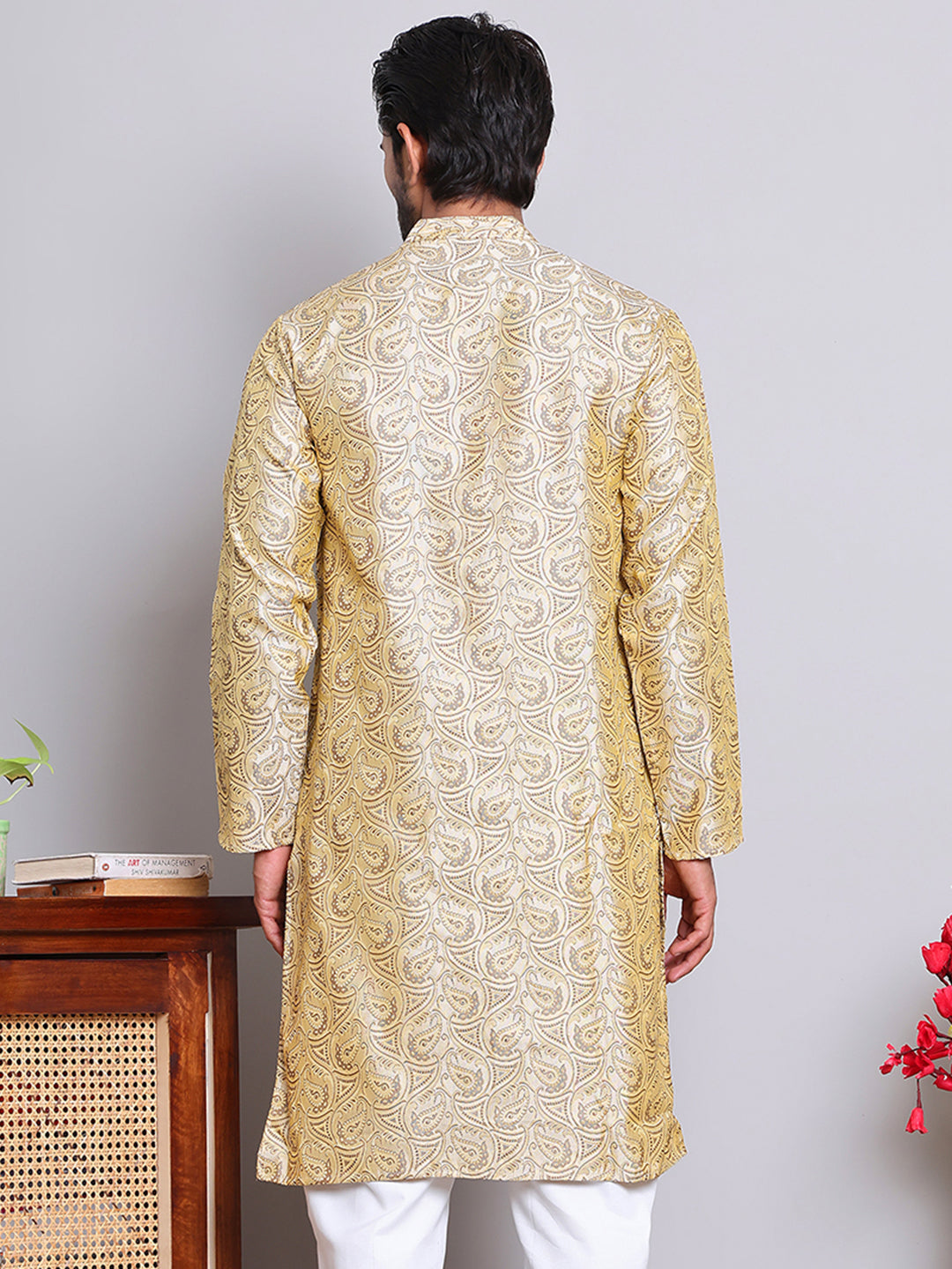 Men Golden Silk Blend Straight Kurtas ( KUO 5071Golden )