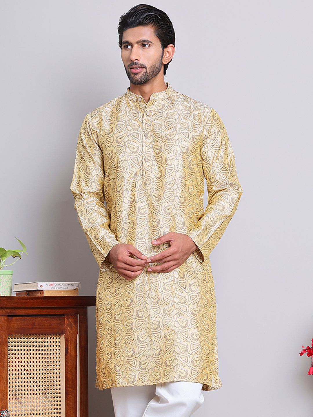 Men Golden Silk Blend Straight Kurtas ( KUO 5071Golden )