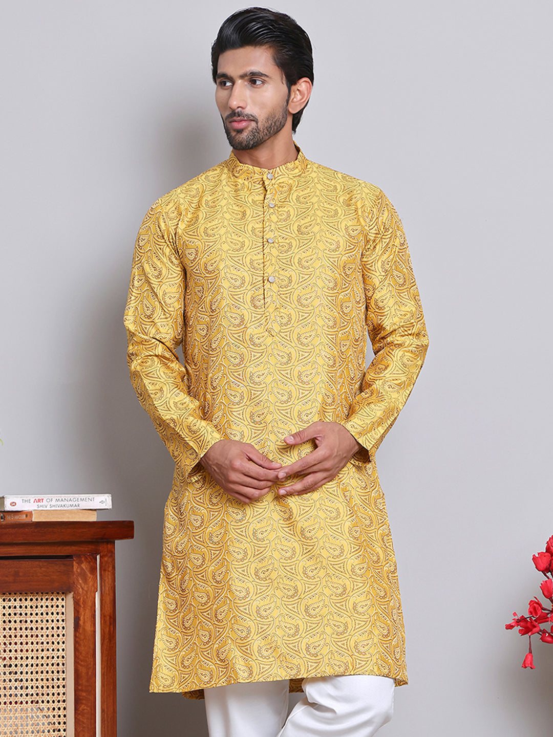 Men Yellow Silk Blend Straight Kurtas ( KUO 5071Yellow )