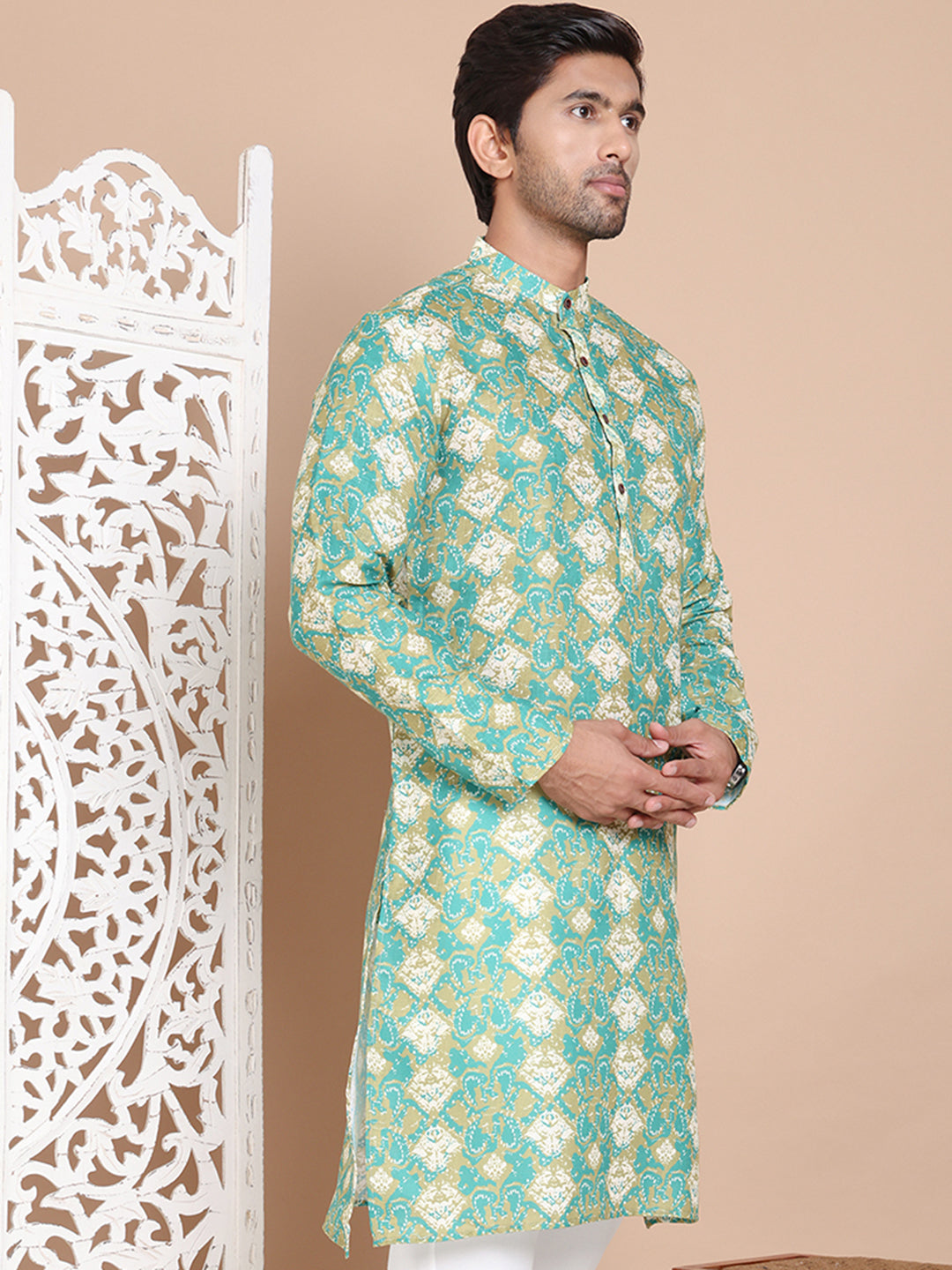Men's Printed Pure Cotton Kurtas ( KO 5079Green )