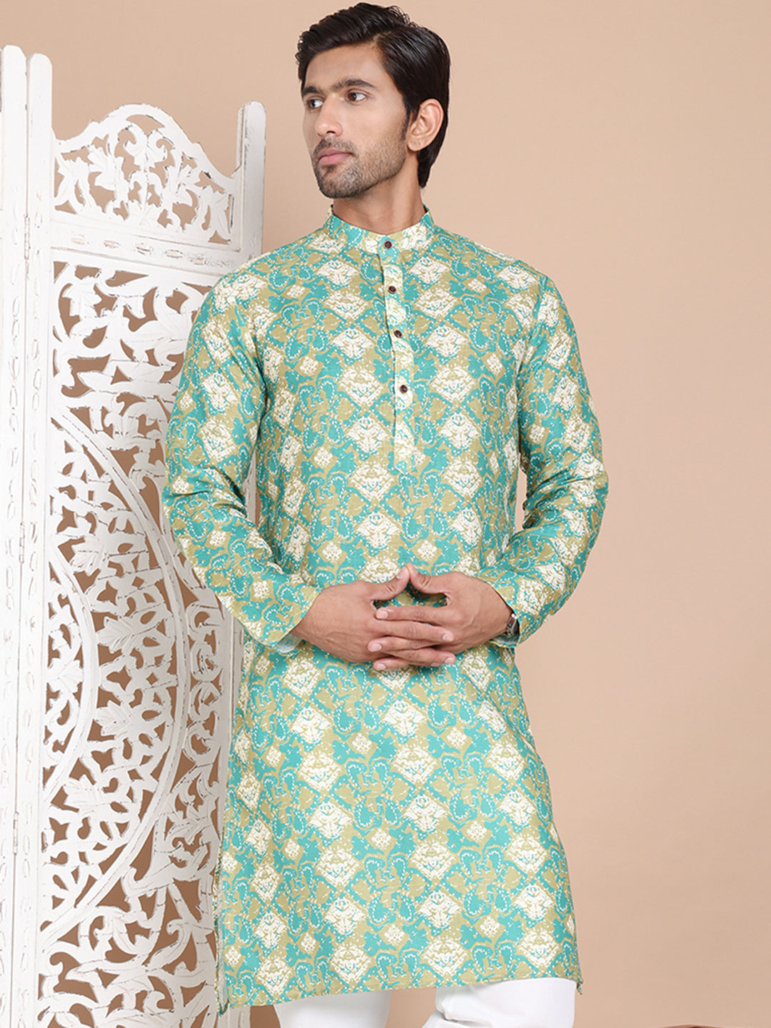 Men's Printed Pure Cotton Kurtas ( KO 5079Green )